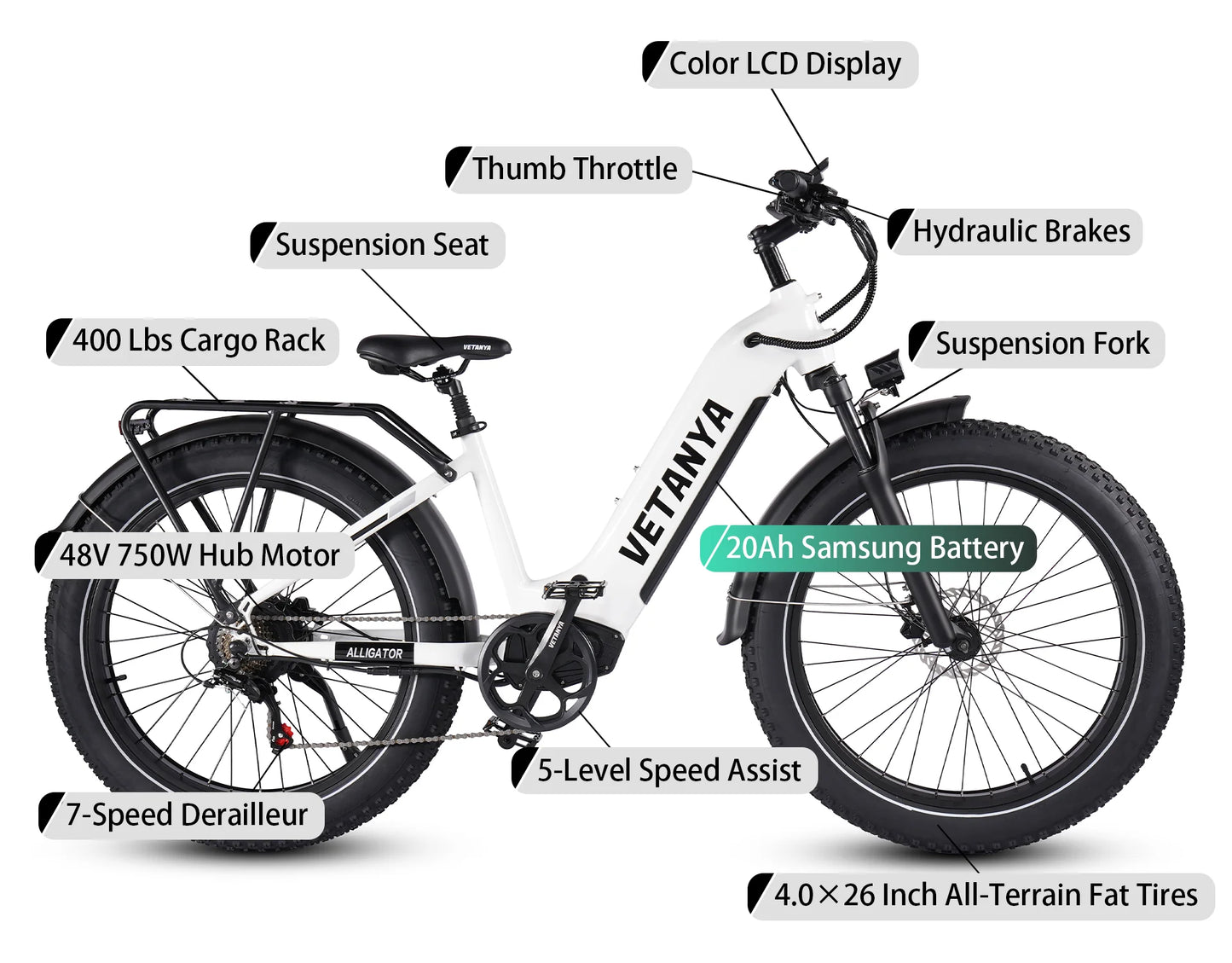 The ALIGATOR Step Thru E-Bike By Vetanya - 750 WATT - 20 AMP Mountain or City