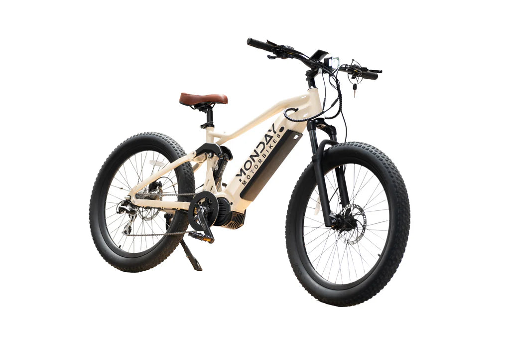 Beige electric bike with 'Monday' branding on a white background