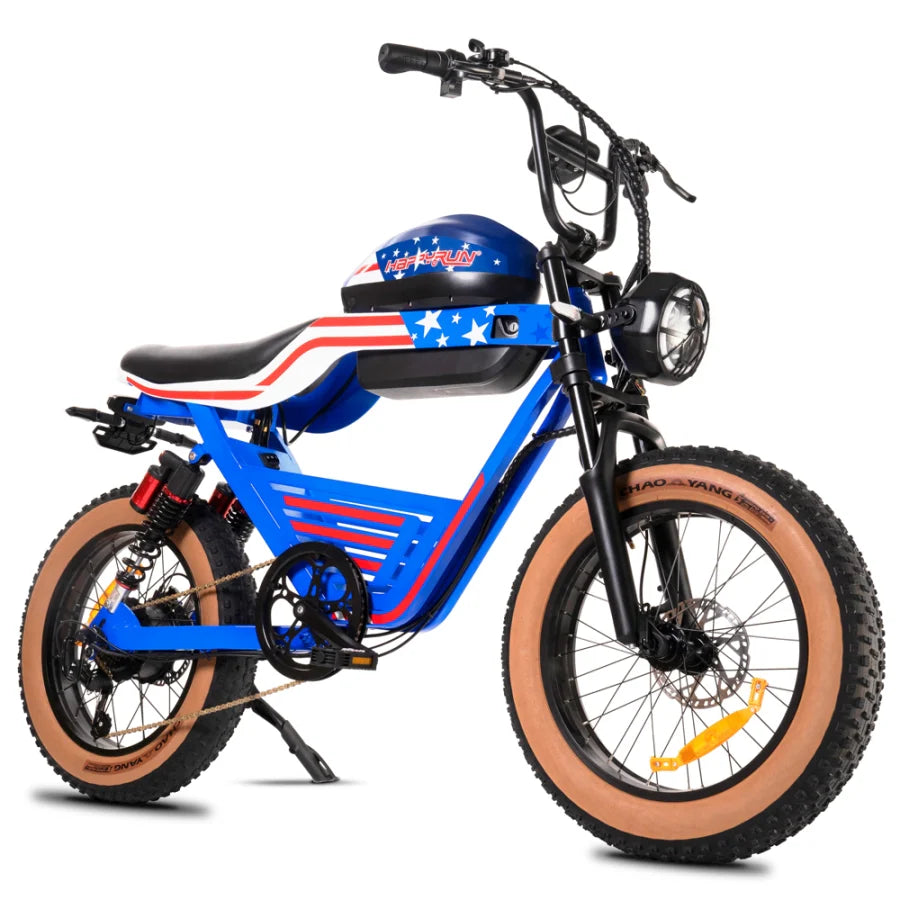 G100 E-Bike by Happyrun - 1000W Motor (Peak Motor 2000W) 1 to 5 Speeds Up to 38+MPH.  48V 38AH Dual lithium battery  Maximum Range of 130+ Miles  Premium 20x4 Fat Tire Aluminum alloy front fork, oil brake NFC card smart unlock/start system