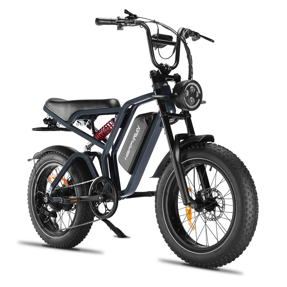 G60 PRO E-Bike by Happyrun - Mountain - 1000W Motor (Peak Motor 2000W)  1 to 5 Speeds Up to 36+MPH.  48V 25AH lithium battery  Maximum Range of 80+ Miles  Premium 20x4 Fat Tire Aluminum alloy front fork, oil brake NFC card smart unlock/start system