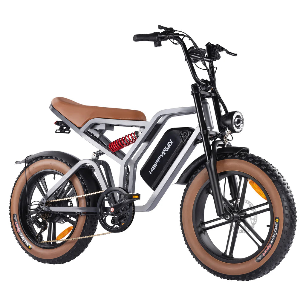 04.5 TANK G60 E-Bike by Happyrun - Mountain E-Bike - 750W Motor (Peak Motor 1500W) 1-3 Speeds Up to 32+MPH. Hydraulic oil brake 48V 18.5AH lithium battery Maximum Range of 60+ Miles 20x4 fat tires key unlock/start system Aluminum alloy front fork