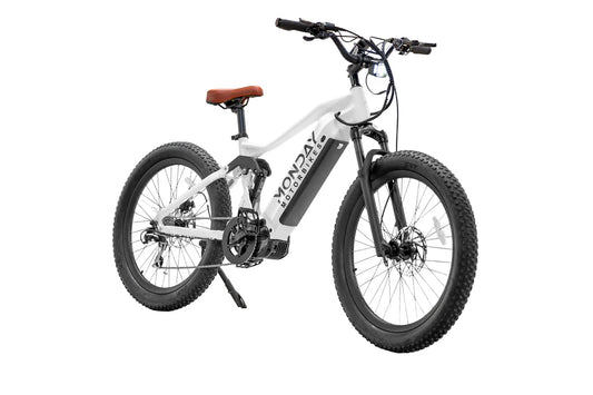 White electric bike with black wheels on a white background